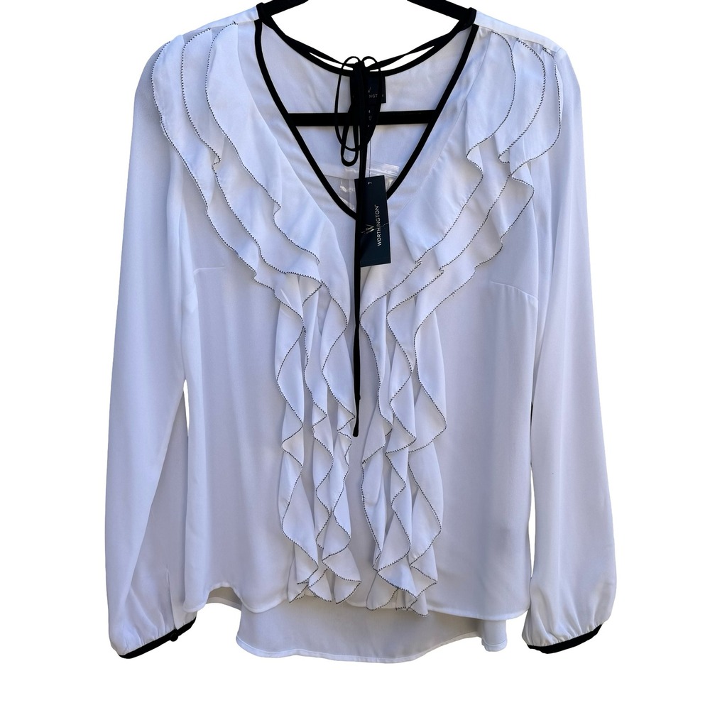 Worthington Coquette Ruffled Romantic Minimalist V-Neck Tie Chiffon Blouse M NWT